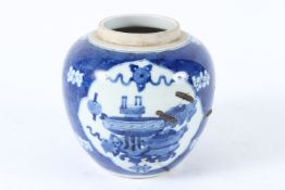 A CHINESE BLUE AND WHITE GINGER JAR with two panels of vases. Six character mark. 13cms high.