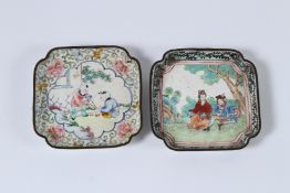 TWO ANTIQUE CANTON ENAMEL SQUARE DISHES painted with figures. 9cms square.