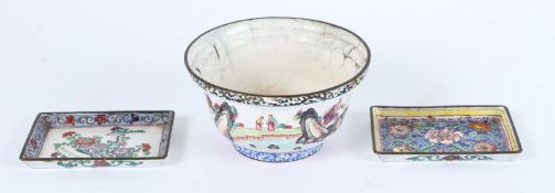 TWO ANTIQUE CANTON ENAMEL DISHES with flowers and birds, 9cms long, and a circular bowl.