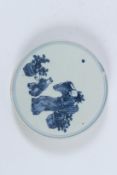 CHINESE BLUE AND WHITE ANTIQUE PLATE. 11cms diameter.