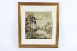 A CHINESE FRAMED AND GLAZED SILKWORK PICTURE, landscape with mountains, figures and horse. Signed.