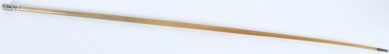A 19TH CENTURY CHINESE SILVER TOPPED, possibly rhino horn, SWAGGER STICK. 82cms hig. 104grams.