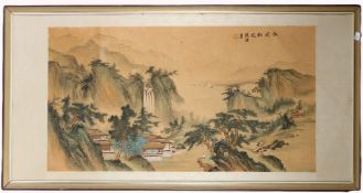A LARGE CHINESE LANDSCAPE with lake, buildings and houses. Signed. 60cms x 110cms.