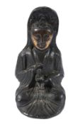 A GOOD EARLY BRONZE STATUE OF GUANYIN holding a baby. 22cms high.