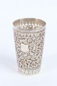 A FIUNE 19TH CENTURY INDIAN KUTCH SILVER OPEN WORKED BEAKER HOLDER. 147grams.
