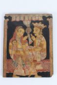 A FINELY PAINTED INDIAN WOODEN PANEL. 28cms x 22cms.
