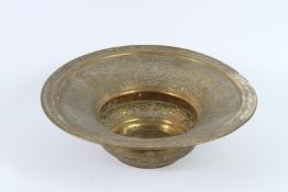 A 19TH CENTURY SYRIAN HAND CARVED BRASS BASIN. 40cms diameter.