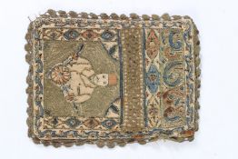 AN 18TH - 19TH CENTURY ISLAMIC EMBROIDERED BAG. 21cms x 16cms.