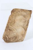 A MARBLE FRAGMENT. GREECE ERGANI ATHENA ART HEAD IN HEART. Roman Greek warrior. 11cms x 7cms.