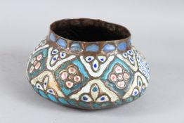 A RARE SYRIAN ENAMEL CIRCULAR BOWL, 1930, with Islamic Arabic calligraphy on copper. 17cms