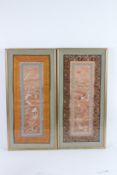 A GOOD PAIR OF CHINESE SILKWORK PICTURES of birds and flowers, framed and glazed. 64cms x 26cms.