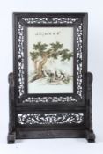 A CHINESE PORCELAIN PANEL, 34cms x 24cms, painted with pandas, on a wooden stand. 65cms high.