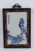 A FINE CHINESE BLUE AND WHITE PLAQUE with bone mount frame. 34cms x 21cms.