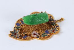 A JADEITE CICADA MOUNTED GILT METAL LEAF. 11cms.