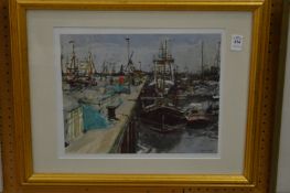 Ken Howard, fishing boats moored on a jetty, colour print, signed in pencil.
