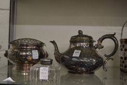 A plated teapot, a rose bowl and an inkwell.