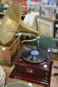 A reproduction gramophone.
