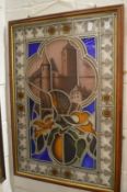 Two decorative stained glass painted and leaded pictures, framed.