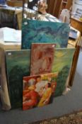 Jeanne Perrin, four unframed art works, oil on canvas or board.