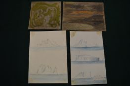 Three small paintings, unframed.