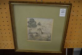 South Asian School, antelope in a landscape, ink wash.