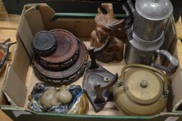 A quantity of Eastern metalware, carved wood bust, pottery Buddha etc.