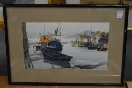 Wai Hin Law, watercolours depicting a fishing scene and a busy street scene.