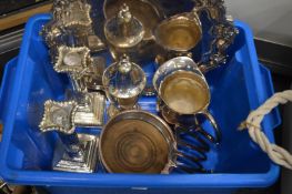 Plated salver, pair of Corinthian column candlesticks, pair of bottle coasters and other items.