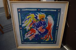 Eduard Pignon, two fighting cocks, screen print on silk, signed and dated 74.