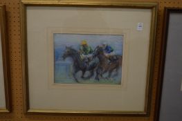 Manner of Gilbert Holiday, race horses at full gallop, mixed media.