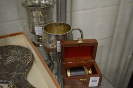 A cased miniature telescope, plated tankard and a pewter goblet.
