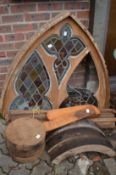 A pine arch topped window with leaded and stained glass panels together with associated items (