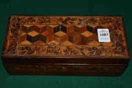 Tunbridge ware, a good parquetry inlaid glove box with hinged cover.