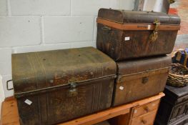 Three old metal trunks.