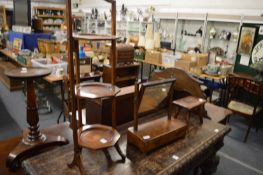 Mahogany folding cake stand, dressing table mirror and a small stool.