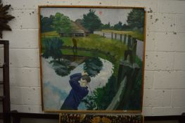 Terry Stockbridge, beware farmers at work, a scene of Marehill Pond Golf Course, Surrey, oil on