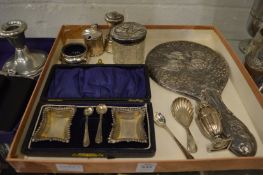 A group of silver items to include mustard pot, salt etc.