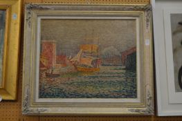 After Paul Signac, boats in a harbour, pointillist style, oil on canvas.
