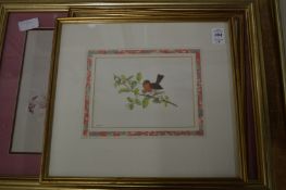 Colour print depicting a robin and a tree sparrow together with watercolour study of flowers.