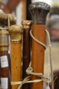 A silver topped walking stick and two others.