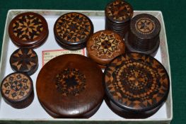 Tunbridge ware, a good collection of circular boxes and covers.