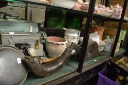 Household miscellaneous to include sewing machine, bellows, bed warming pan, jug and bowls etc.