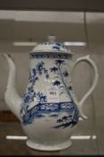 A Lowestoft blue and white decorated porcelain coffee pot.
