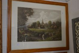 Two large maple framed colour prints depicting Stratford upon Avon and The First Leap.