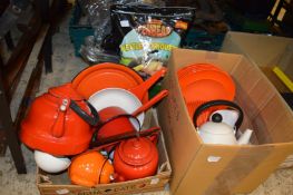 Enamel cookware, a portable barbecue, melamine plates etc.