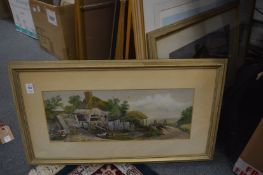 Fred Davis, farmhouse and yard with children, watercolour and another similar together with a colour