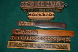 Tunbridge ware, two brushes, two letter openers and two rulers.