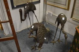 Three Japanese style bronzed metal cranes (faults).