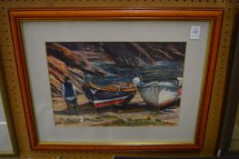 Wyn Emmott, boats at Portloe, Cornwall, oil on paper.