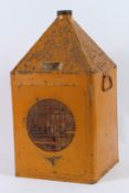 A YELLOW GLICO OIL SQUARE CAN with handles. 46cms high.